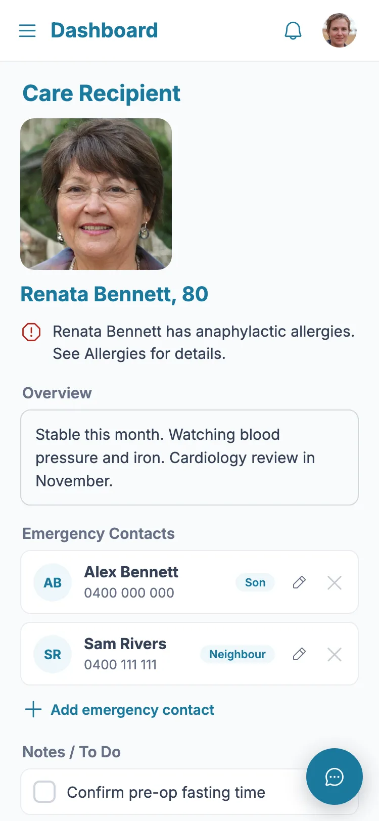 Getting started screen in Family Member Care